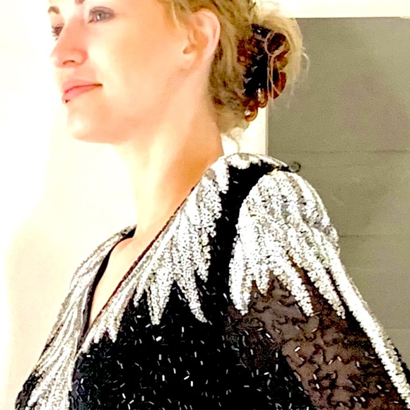 Oleg Cassini  BLACK TIE  Formal SILK Gown Occasion Event Evening Sequined - Picture 4 of 16